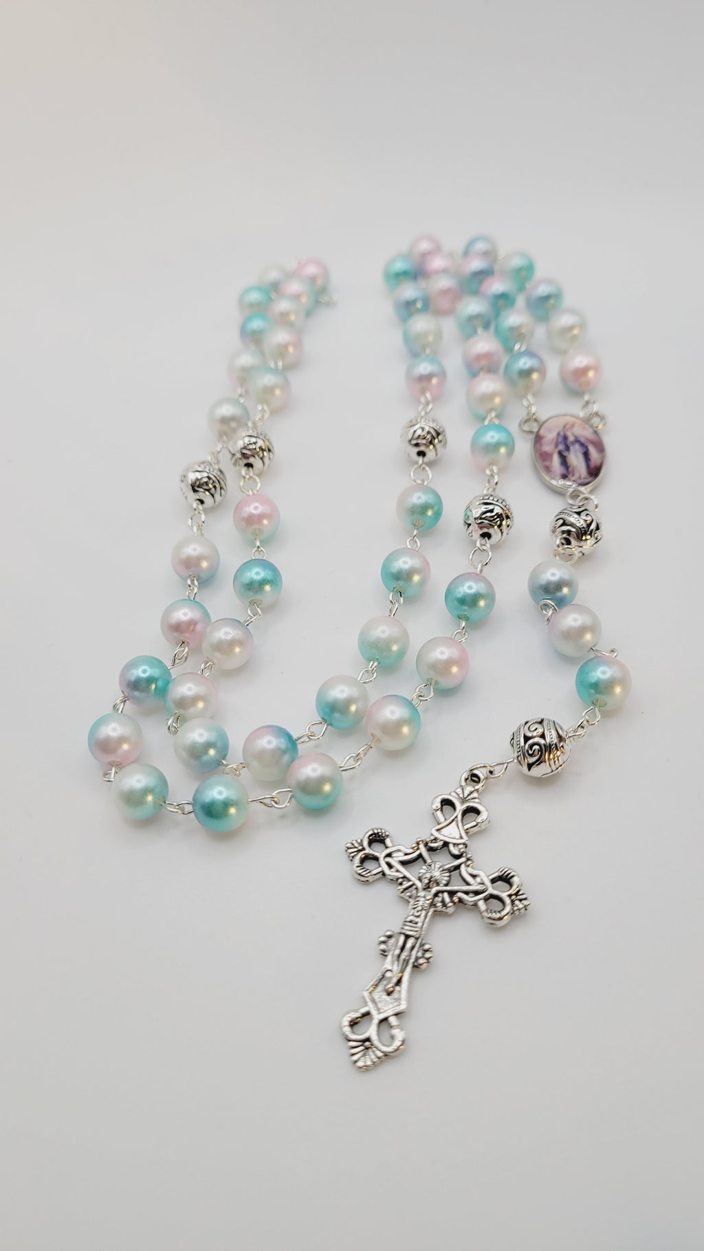 Pastel Faux Pearl Rosary with Our Lady of Grace Centerpiece