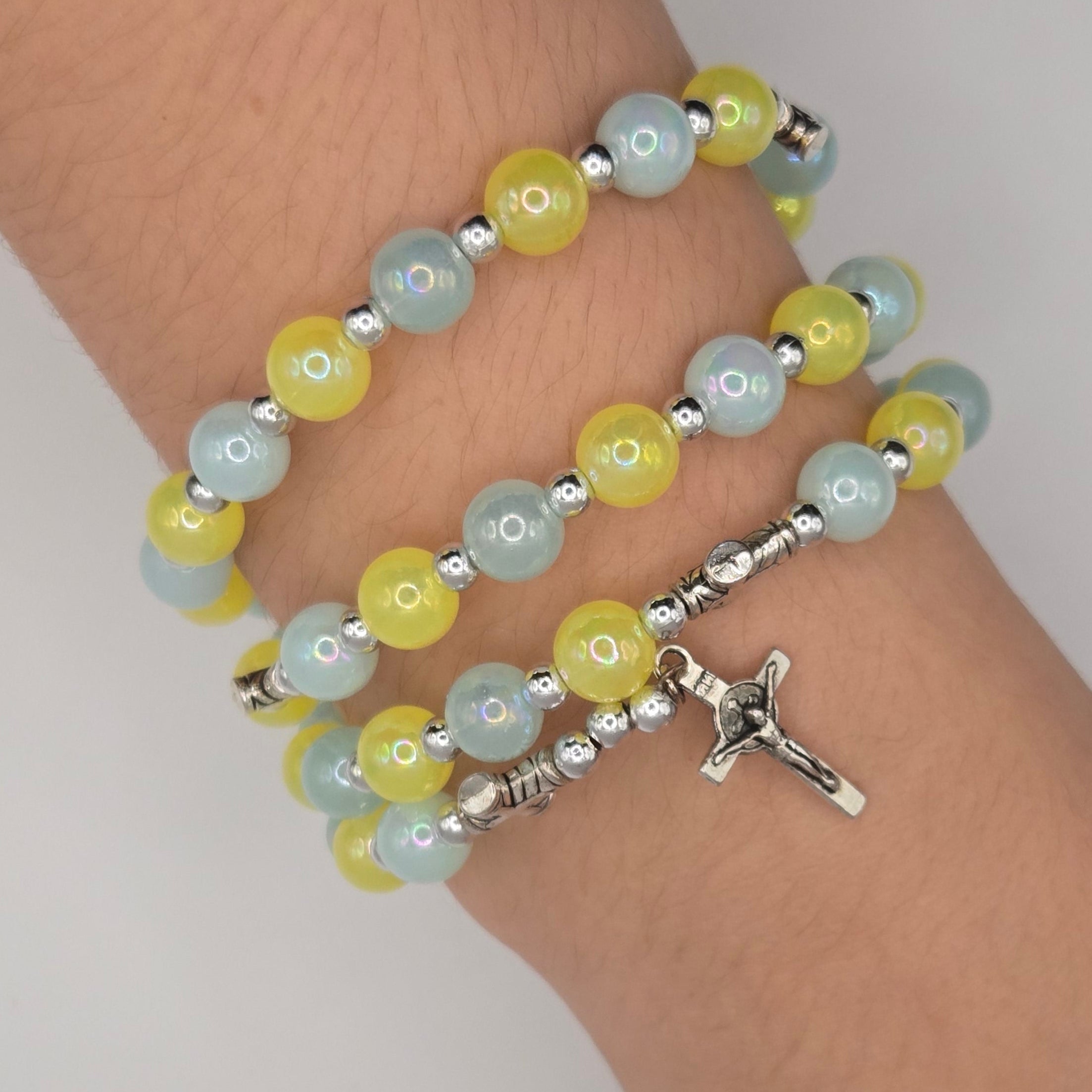 Yellow & Blue Handcrafted Miraculous Metal Rosary Bracelet