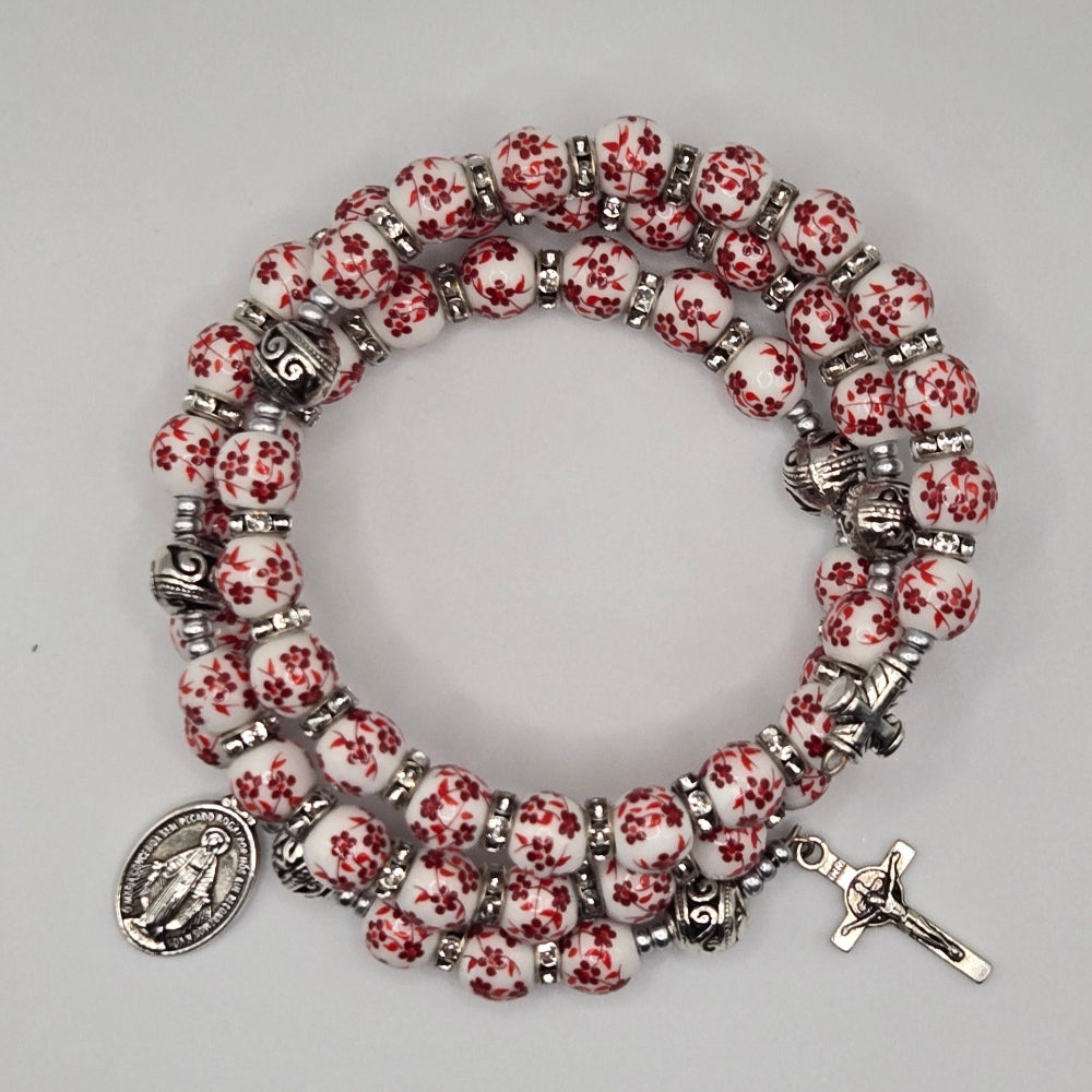 Red Floral Handcrafted Miraculous Metal Rosary Bracelet