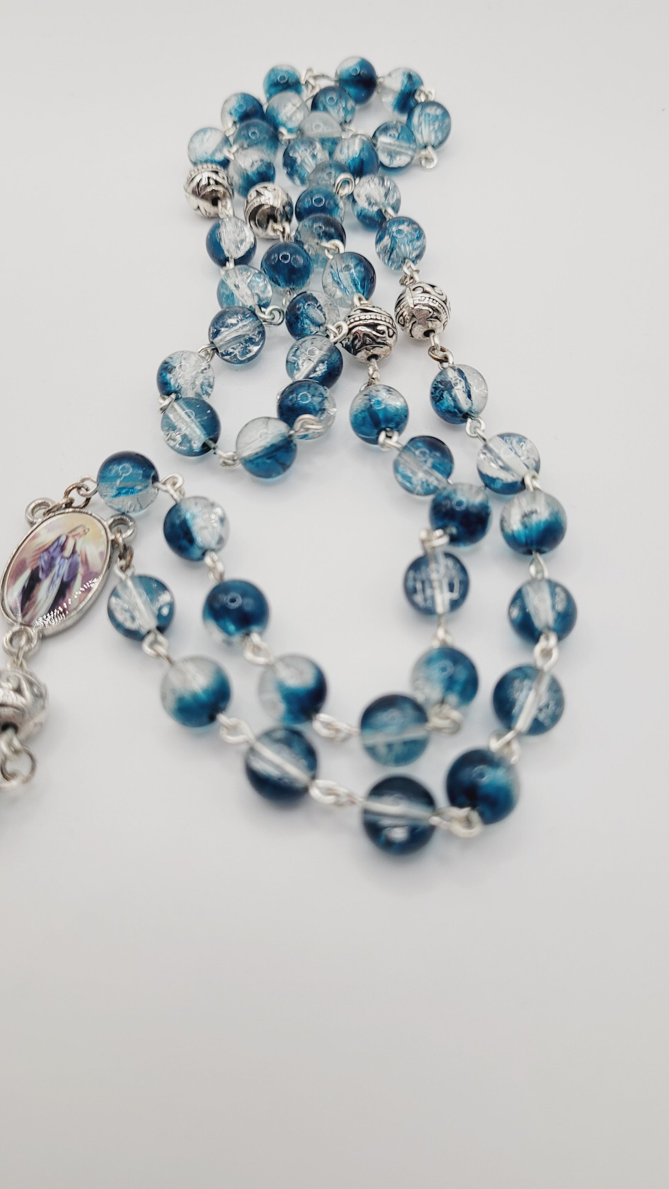 Handmade Blue Glass Rosary with Our Lady of Grace Centerpiece