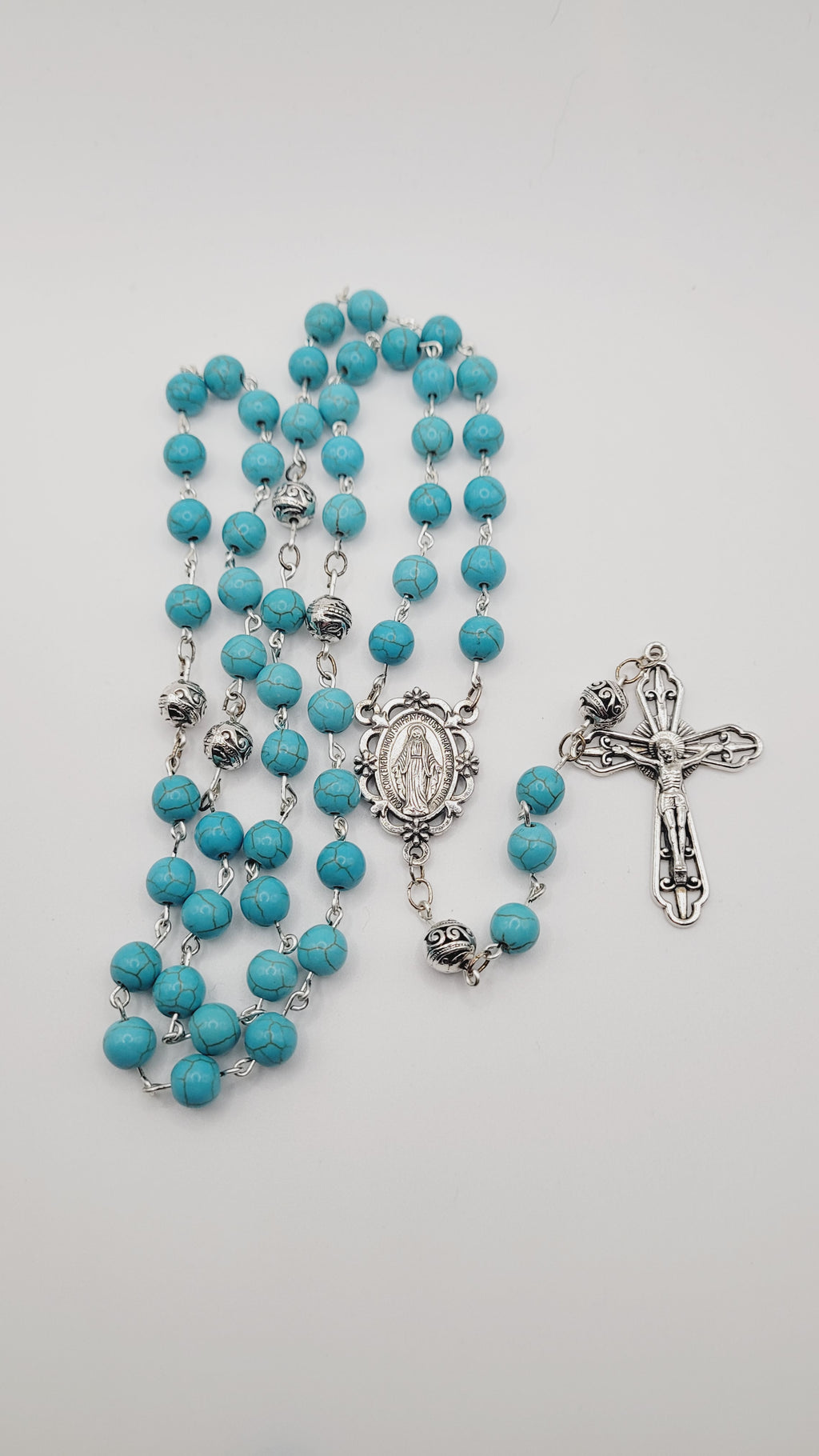 Handmade Turquoise Rosary with Miraculous Medal Centerpiece