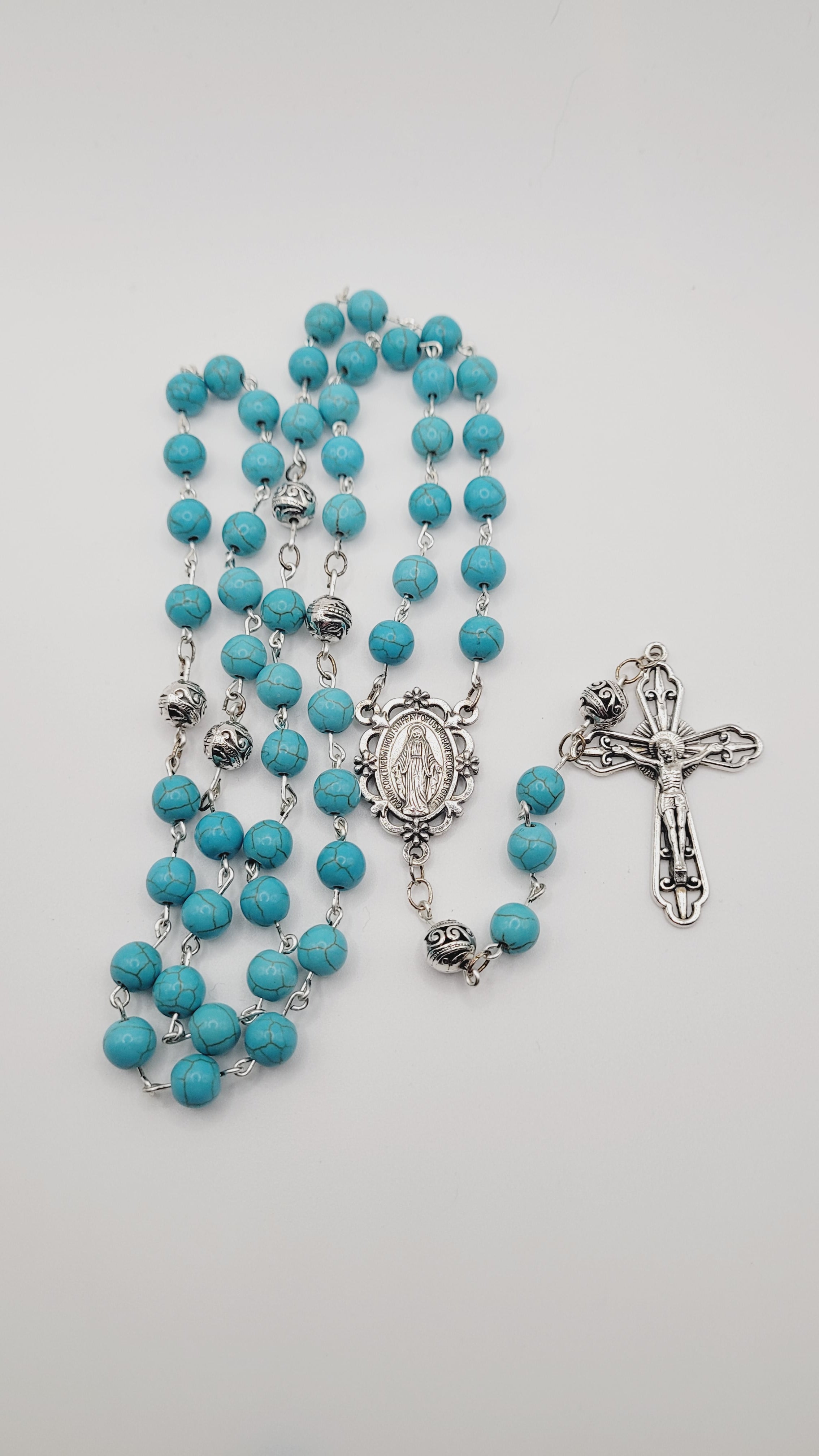 Handmade Turquoise Rosary with Miraculous Medal Centerpiece