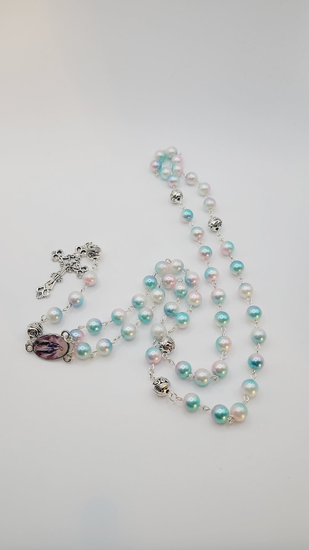 Pastel Faux Pearl Rosary with Our Lady of Grace Centerpiece
