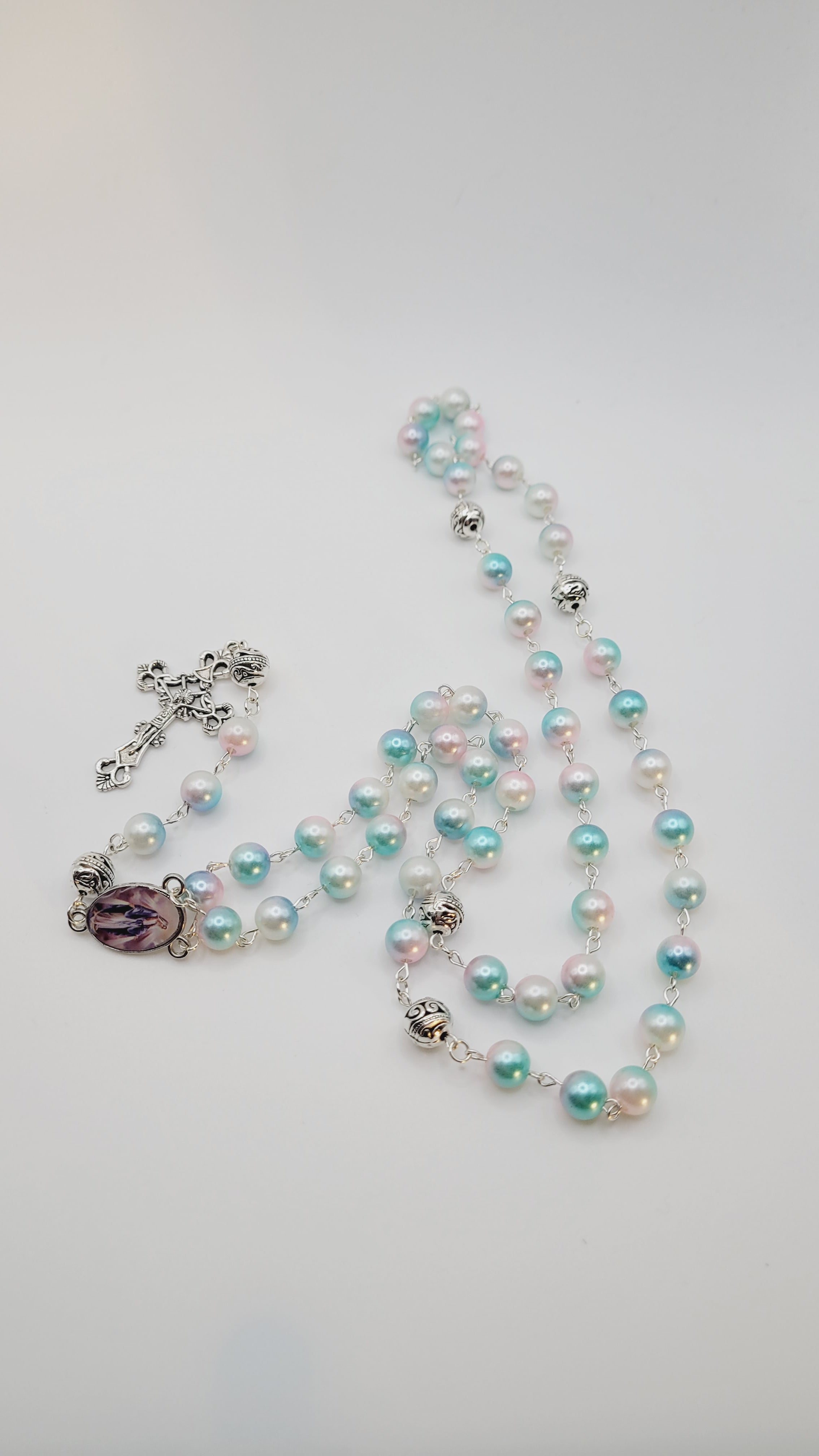 Pastel Faux Pearl Rosary with Our Lady of Grace Centerpiece