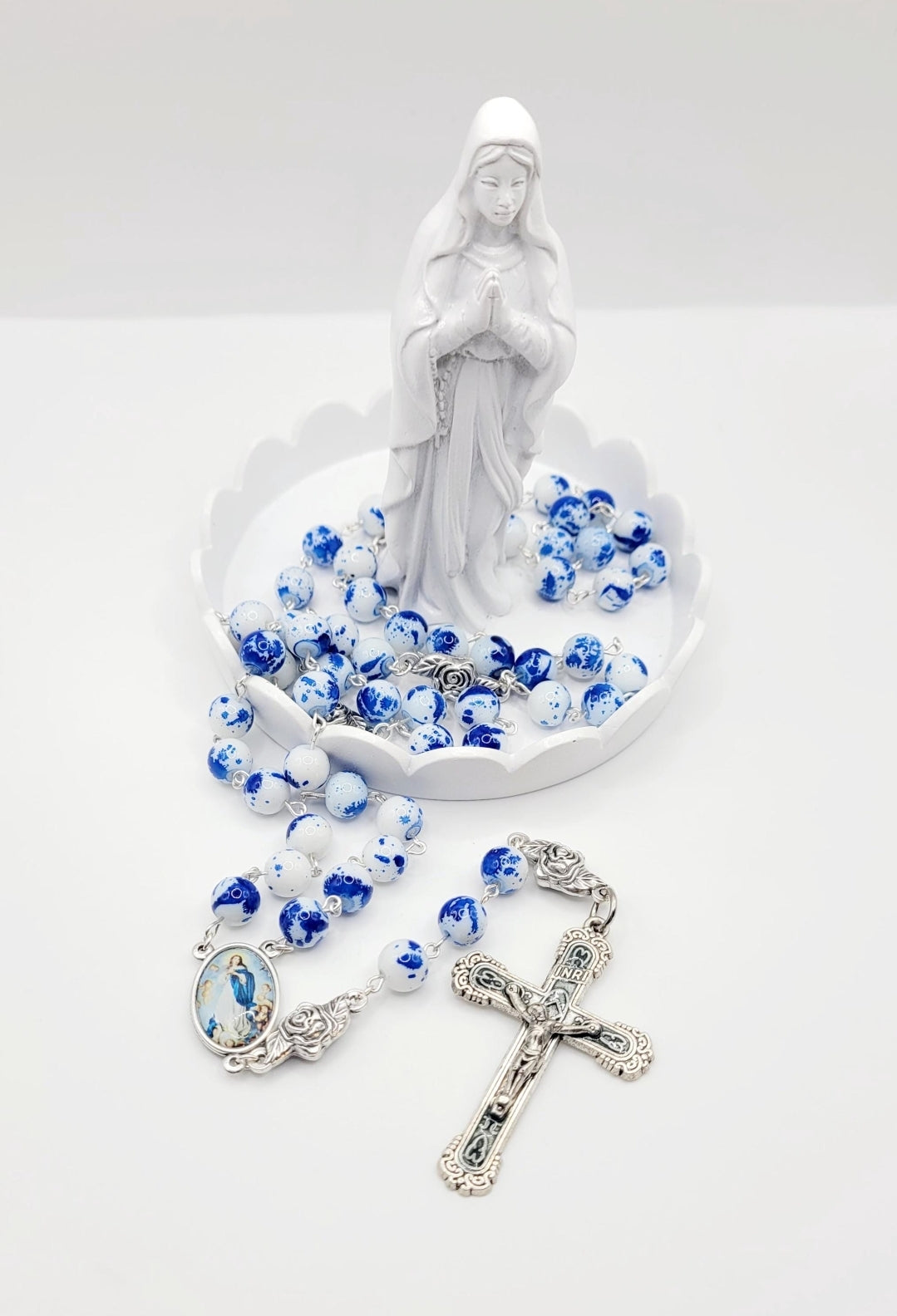 Assumption of Mary Heirloom Rosary • Cobalt Blue & White Marble Glass Beads