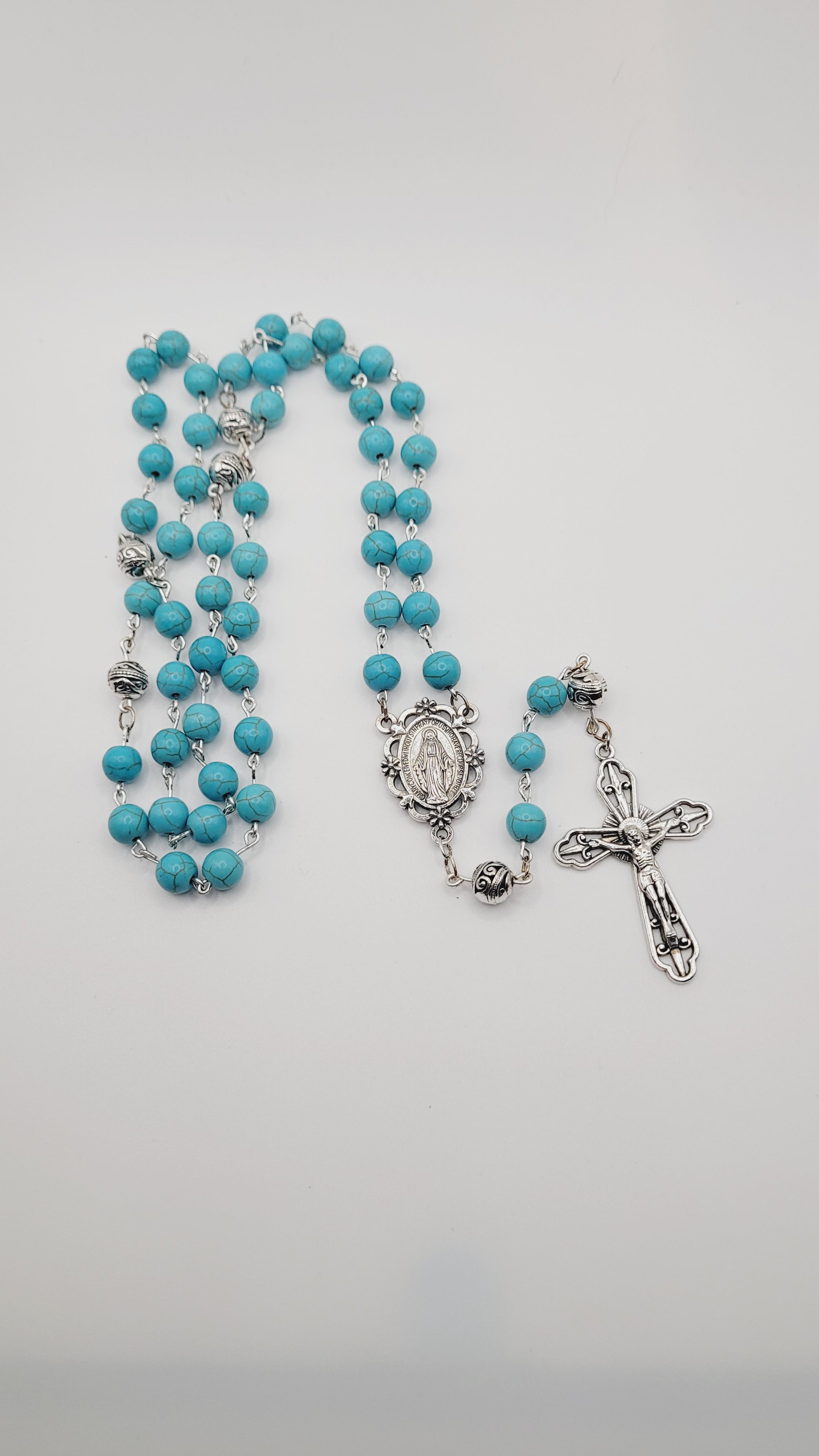 Handmade Turquoise Rosary with Miraculous Medal Centerpiece