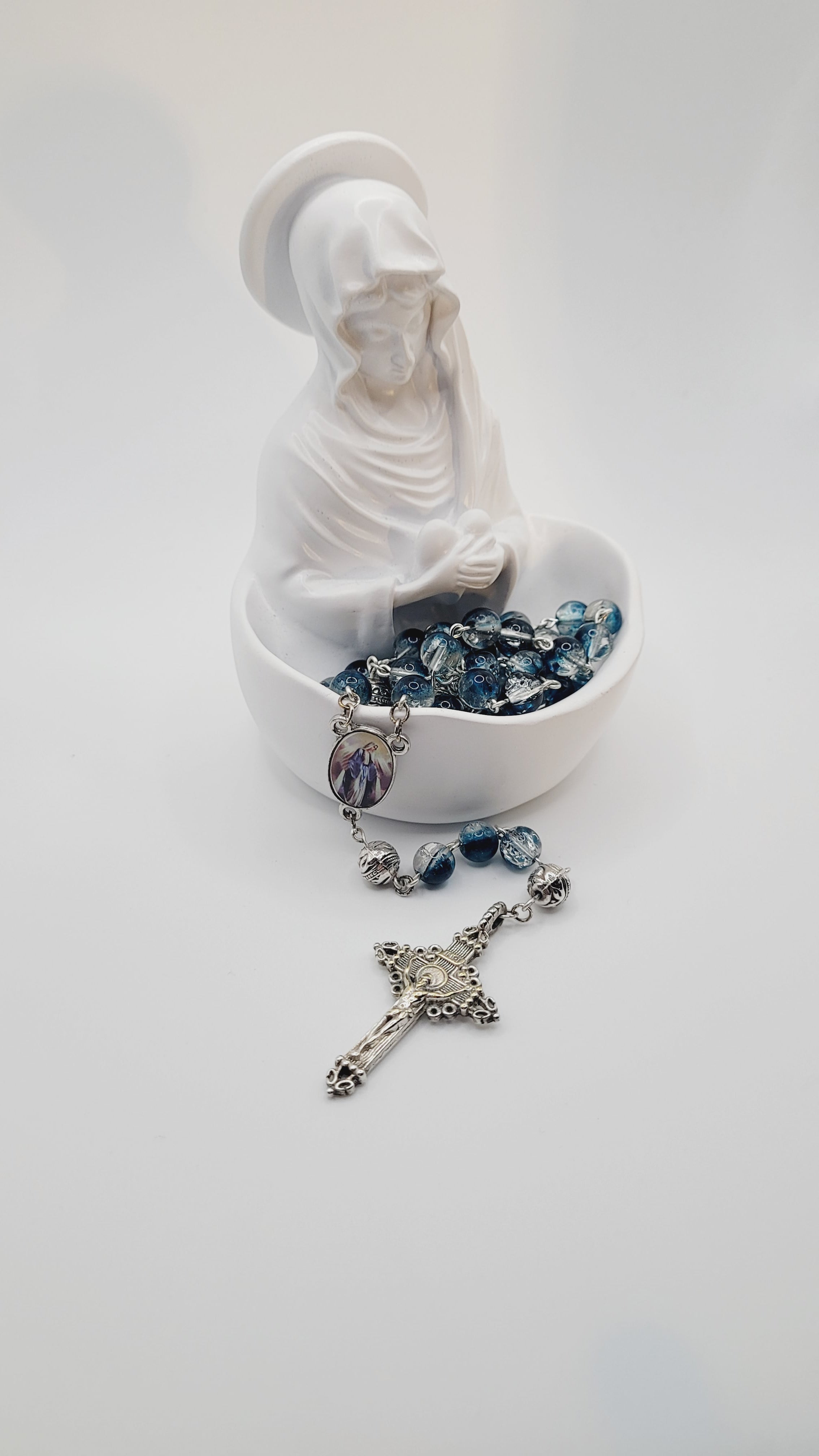 Handmade Blue Glass Rosary with Our Lady of Grace Centerpiece