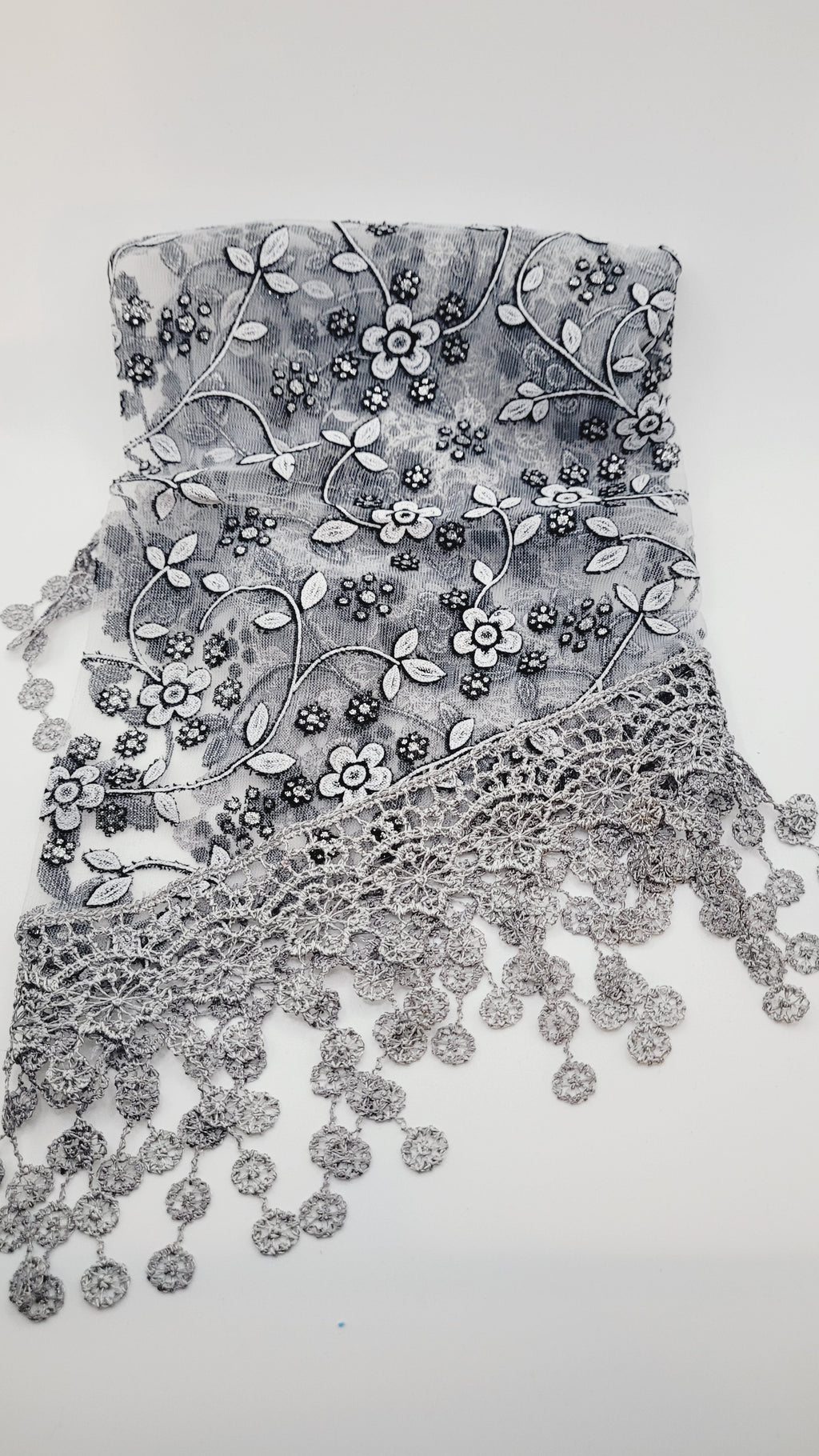 Gray & Black Floral Lace Chapel Veil - Mantilla