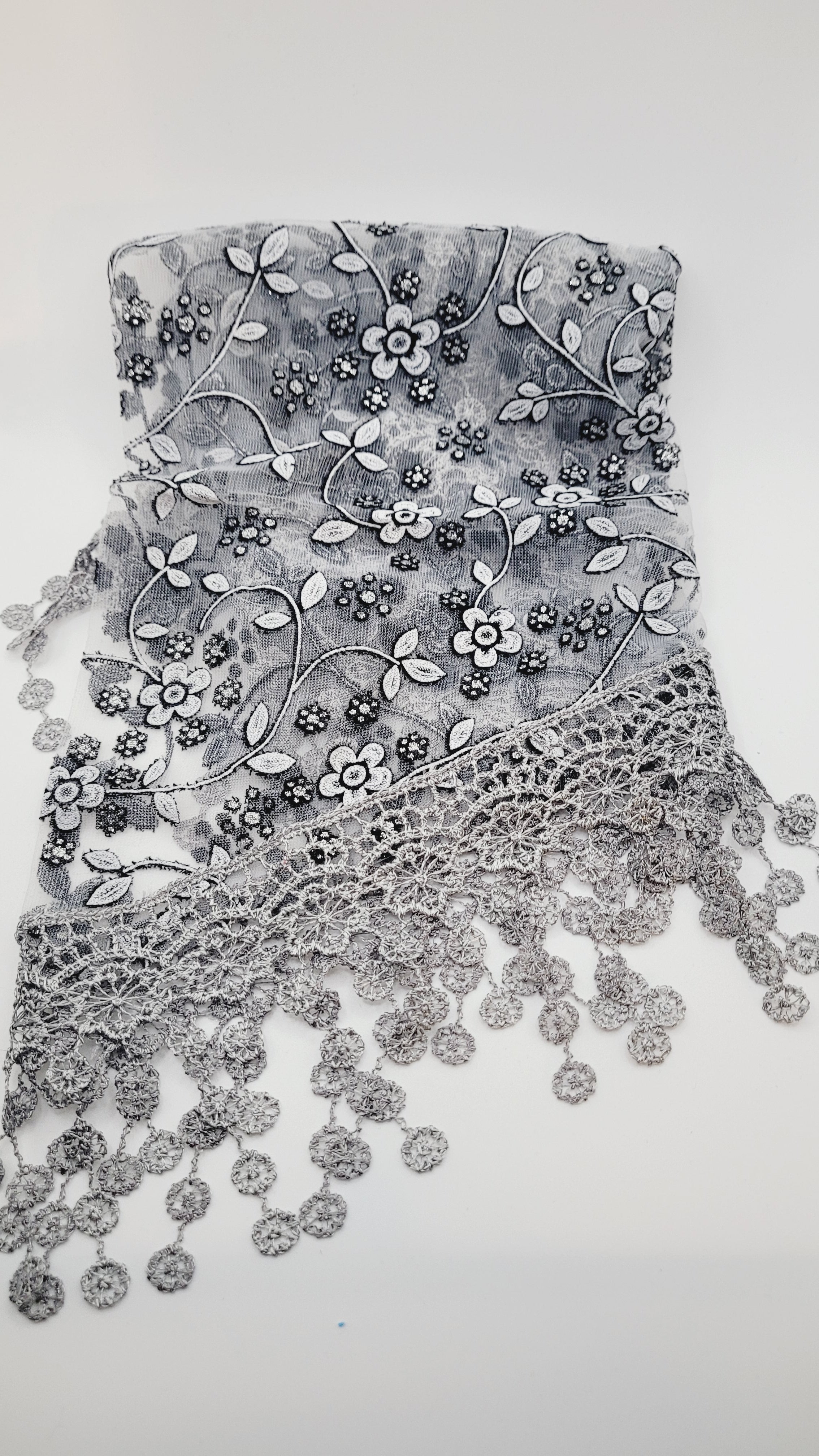 Gray & Black Floral Lace Chapel Veil - Mantilla