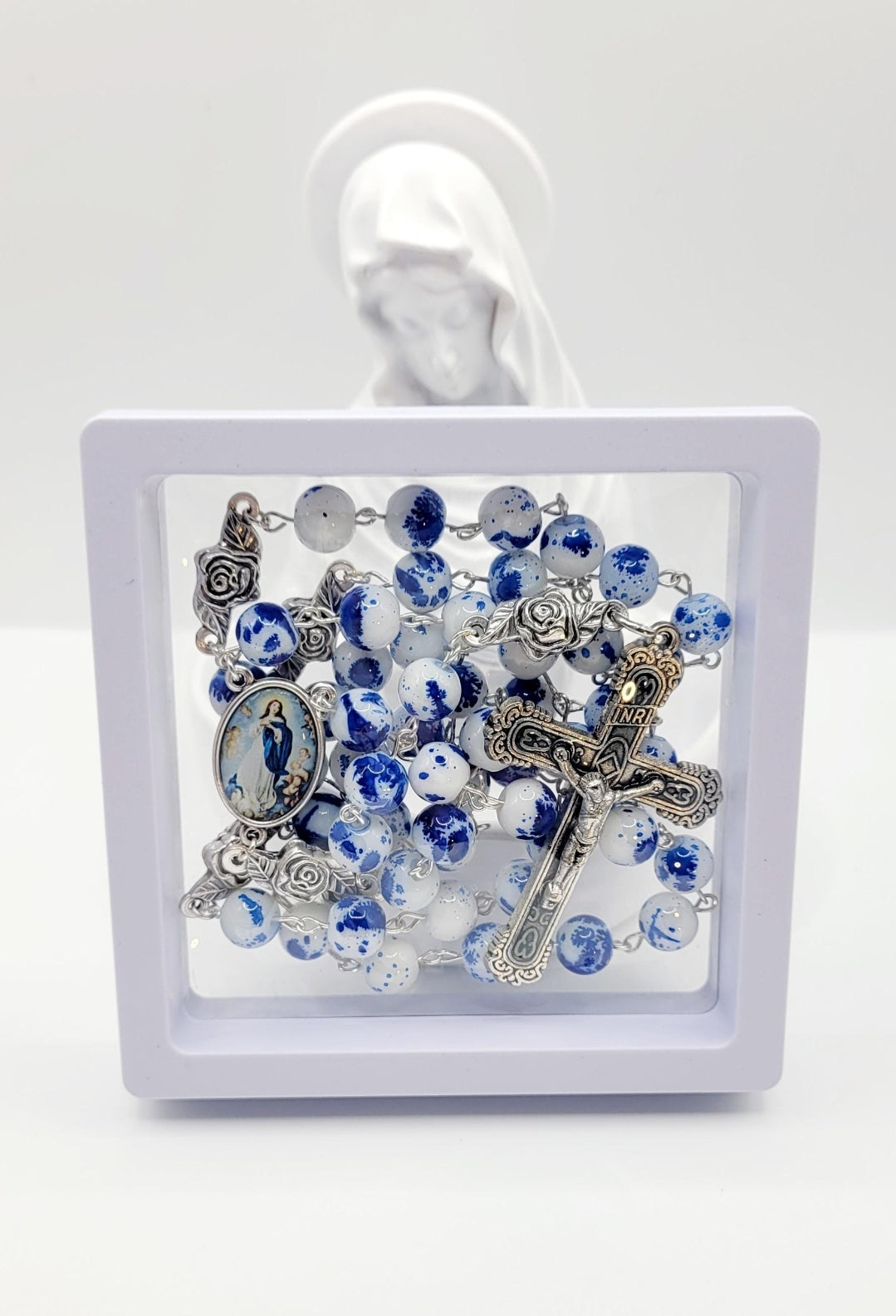 Assumption of Mary Heirloom Rosary • Cobalt Blue & White Marble Glass Beads