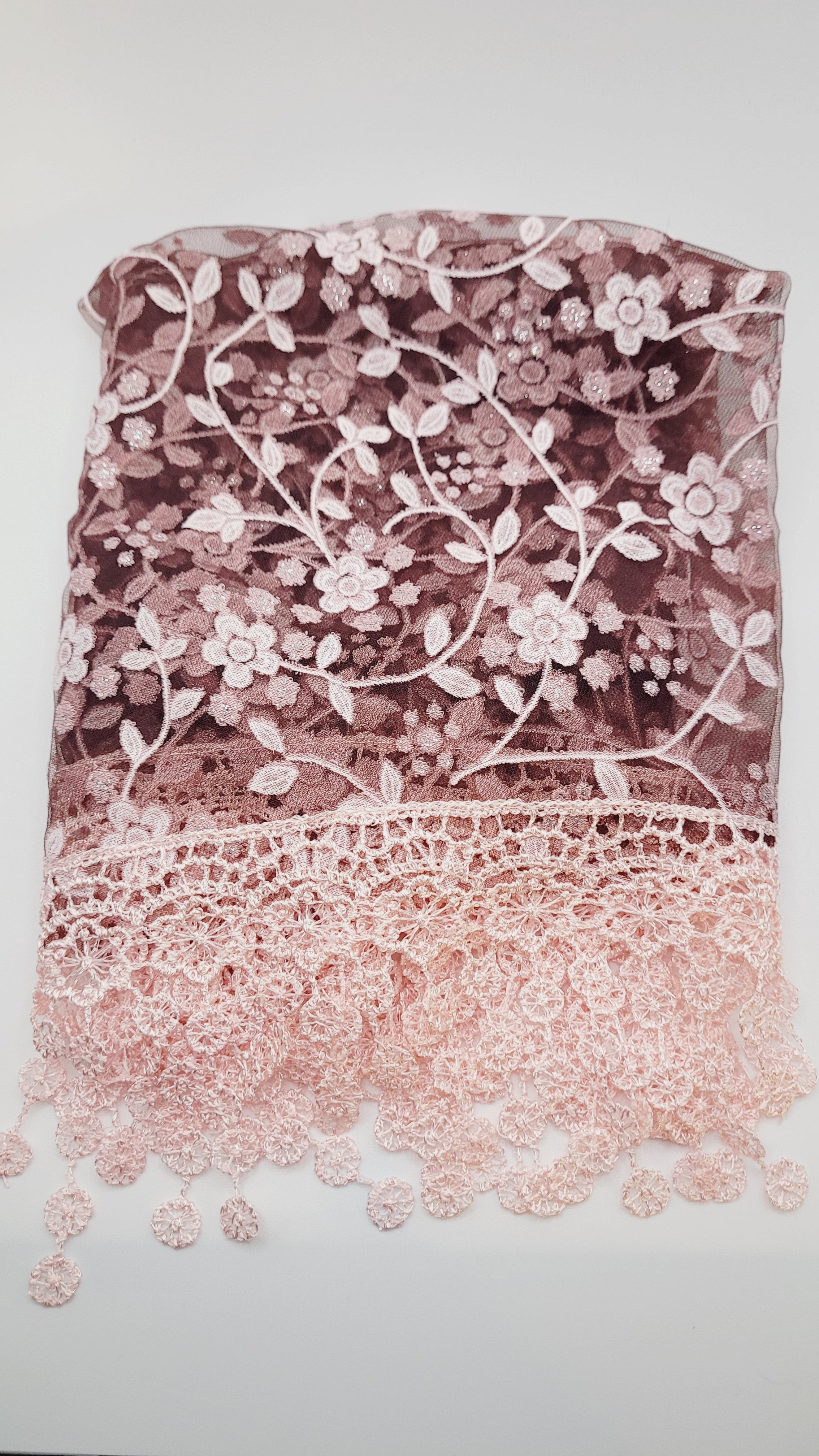 Light Pink Floral Lace Chapel Veil - Mantilla