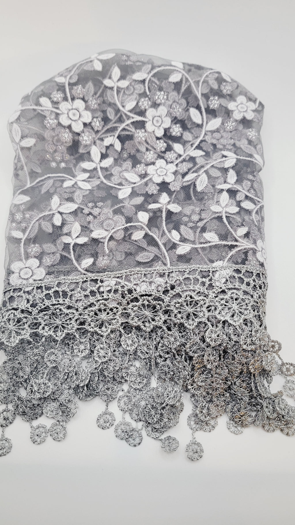 Gray White Floral Lace Chapel Veil - Mantilla
