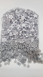Gray White Floral Lace Chapel Veil - Mantilla