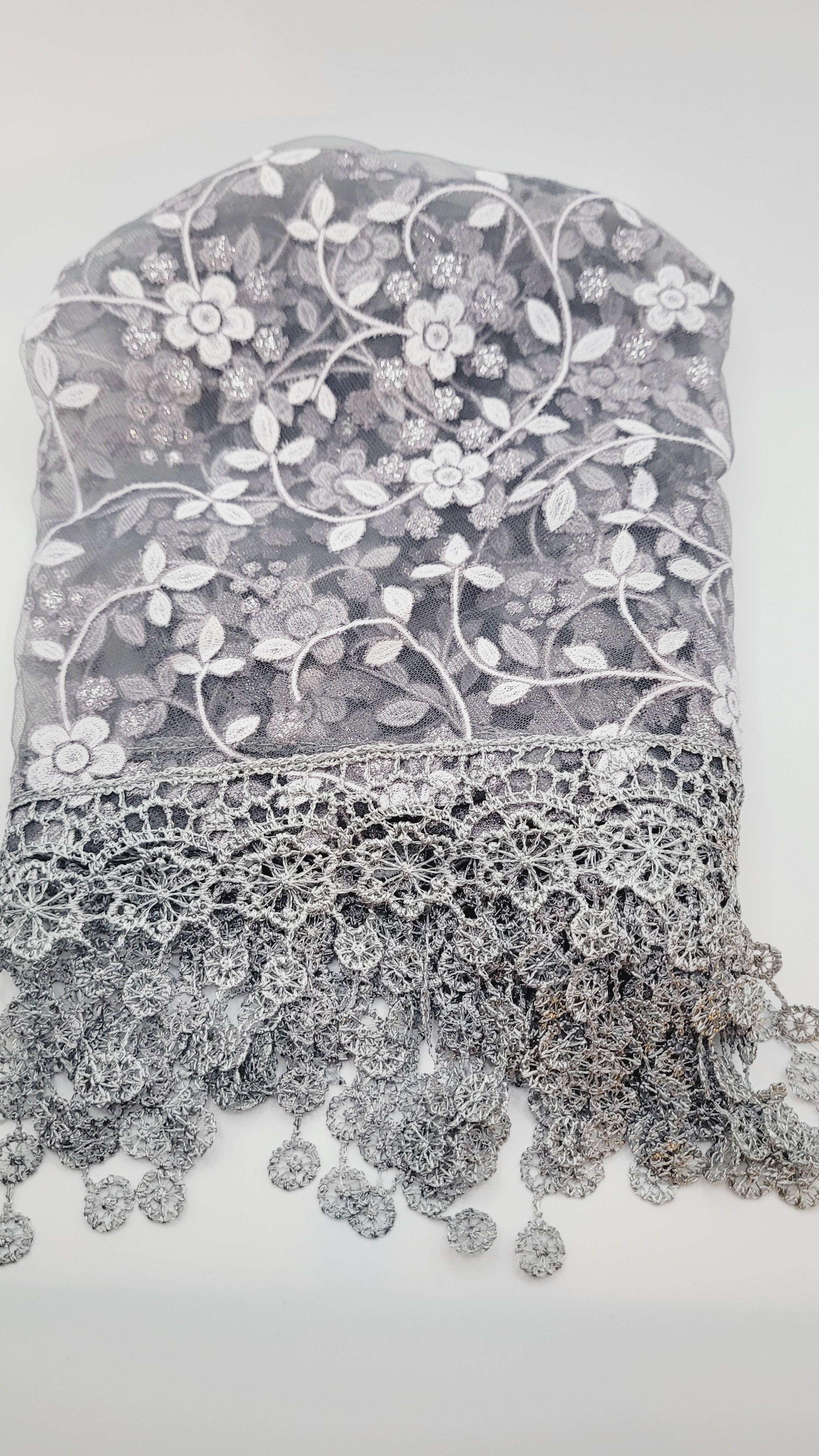Gray White Floral Lace Chapel Veil - Mantilla