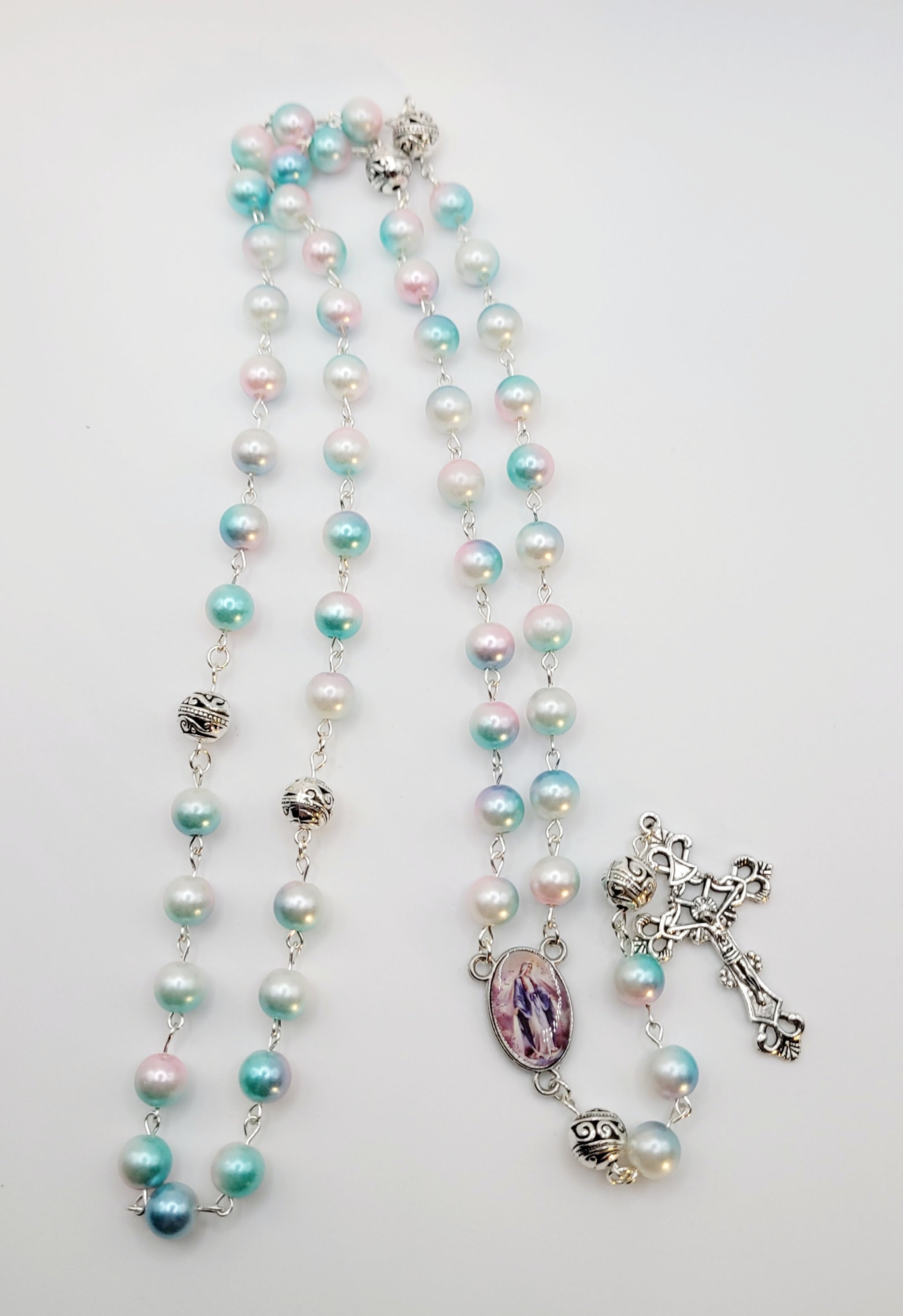 Pastel Faux Pearl Rosary with Our Lady of Grace Centerpiece