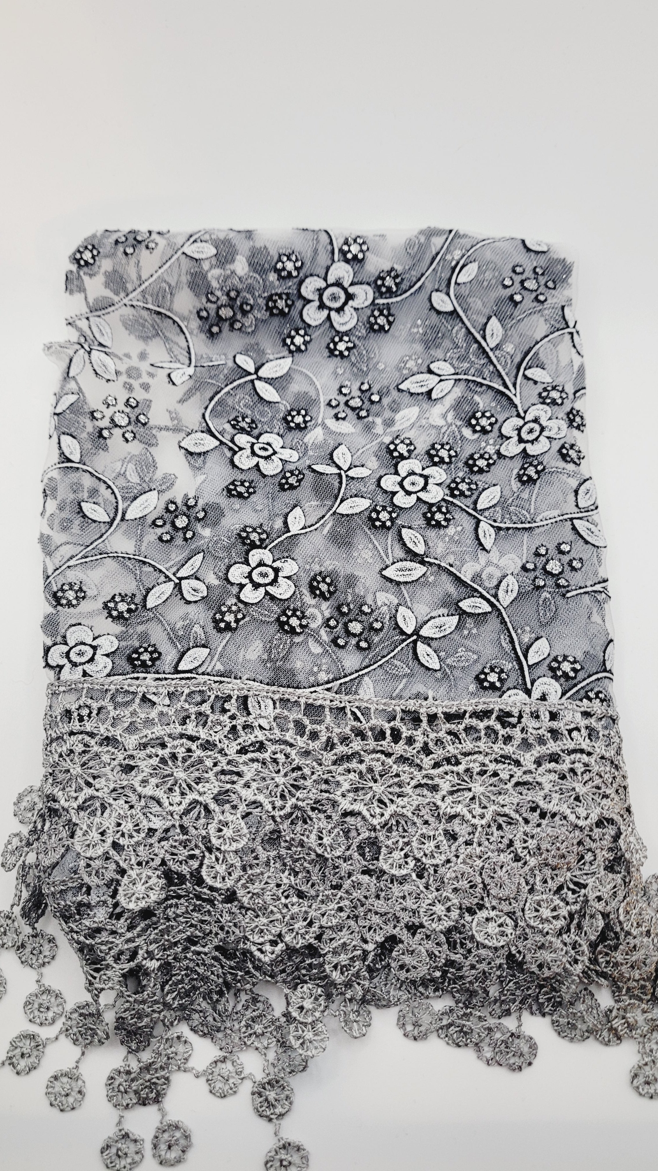 Gray & Black Floral Lace Chapel Veil - Mantilla