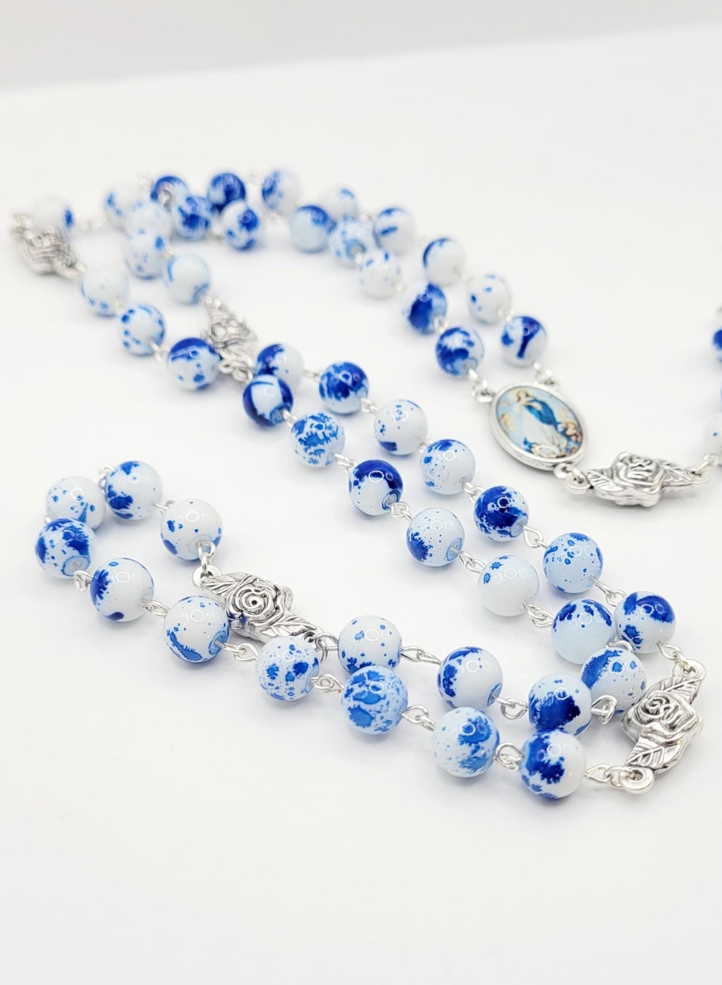 Assumption of Mary Heirloom Rosary • Cobalt Blue & White Marble Glass Beads
