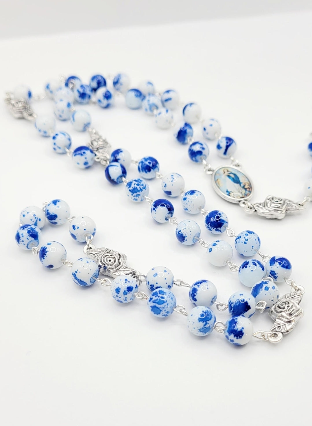 Assumption of Mary Heirloom Rosary • Cobalt Blue & White Marble Glass Beads