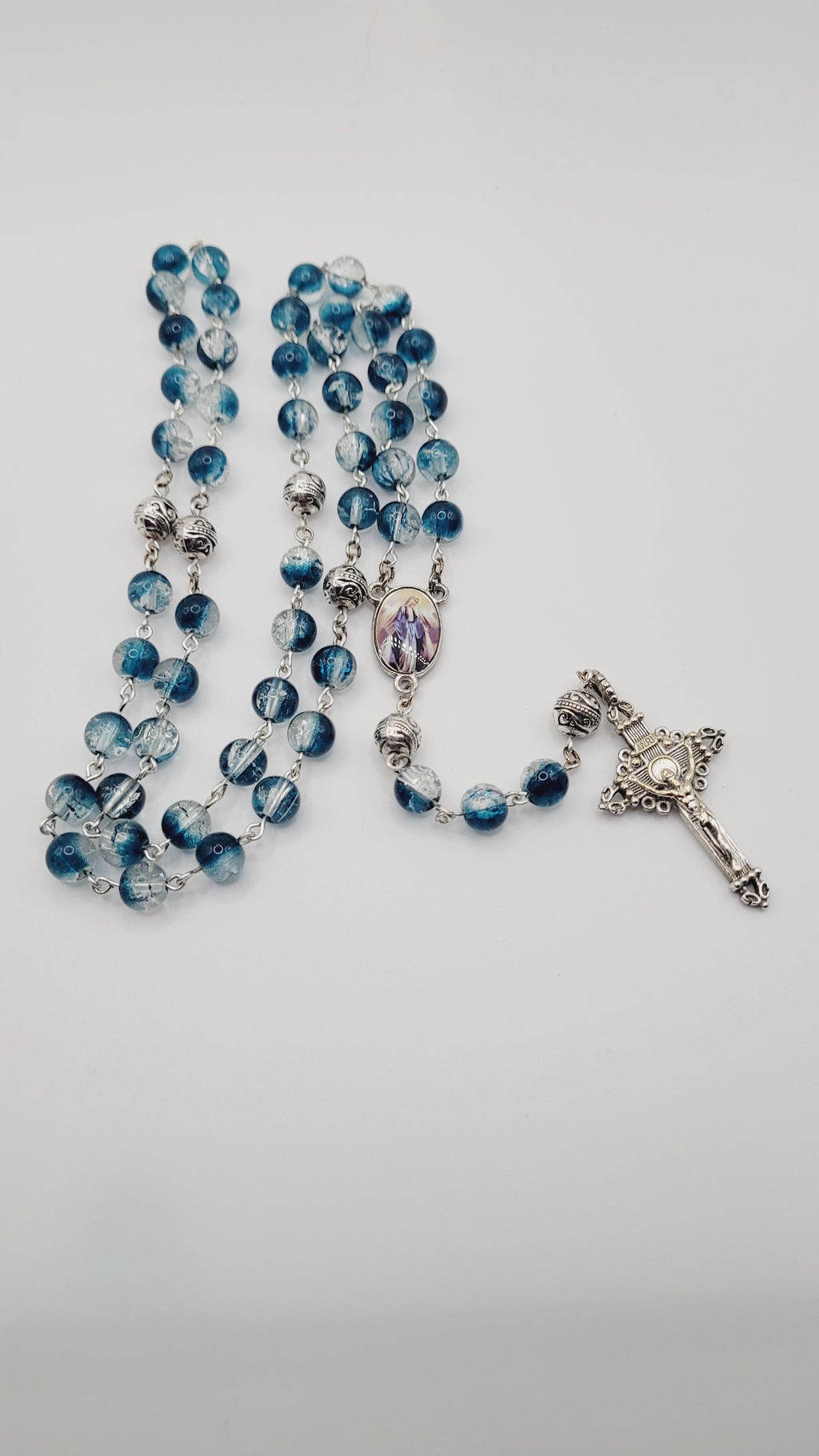 Handmade Blue Glass Rosary with Our Lady of Grace Centerpiece