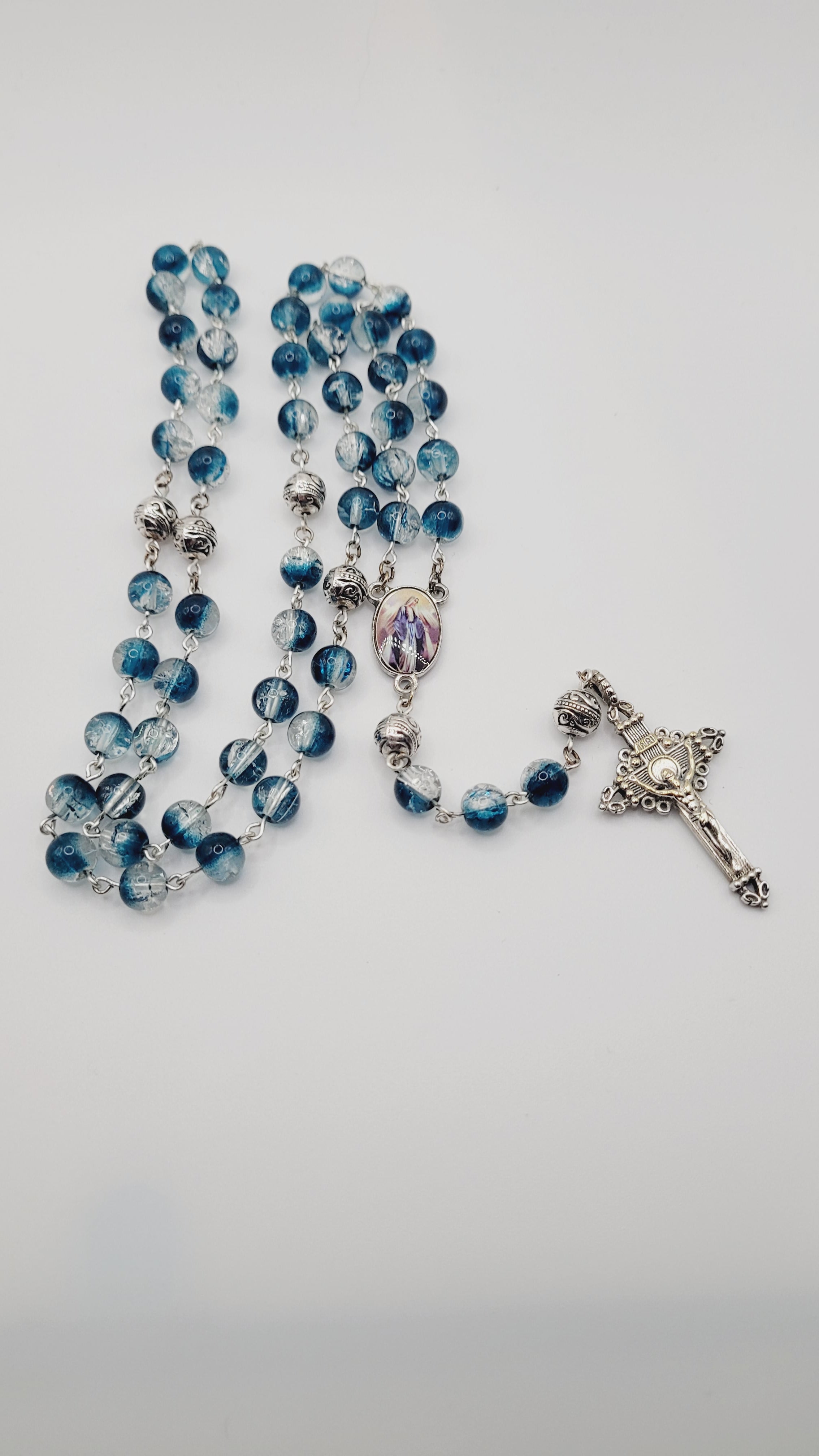 Handmade Blue Glass Rosary with Our Lady of Grace Centerpiece
