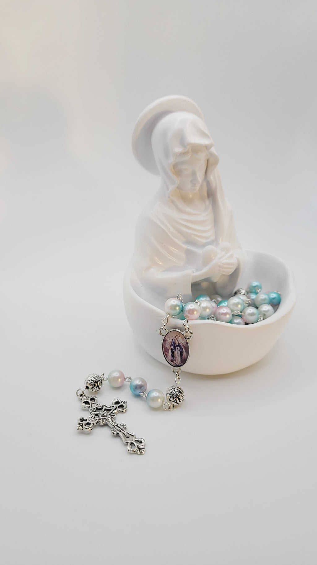 Pastel Faux Pearl Rosary with Our Lady of Grace Centerpiece