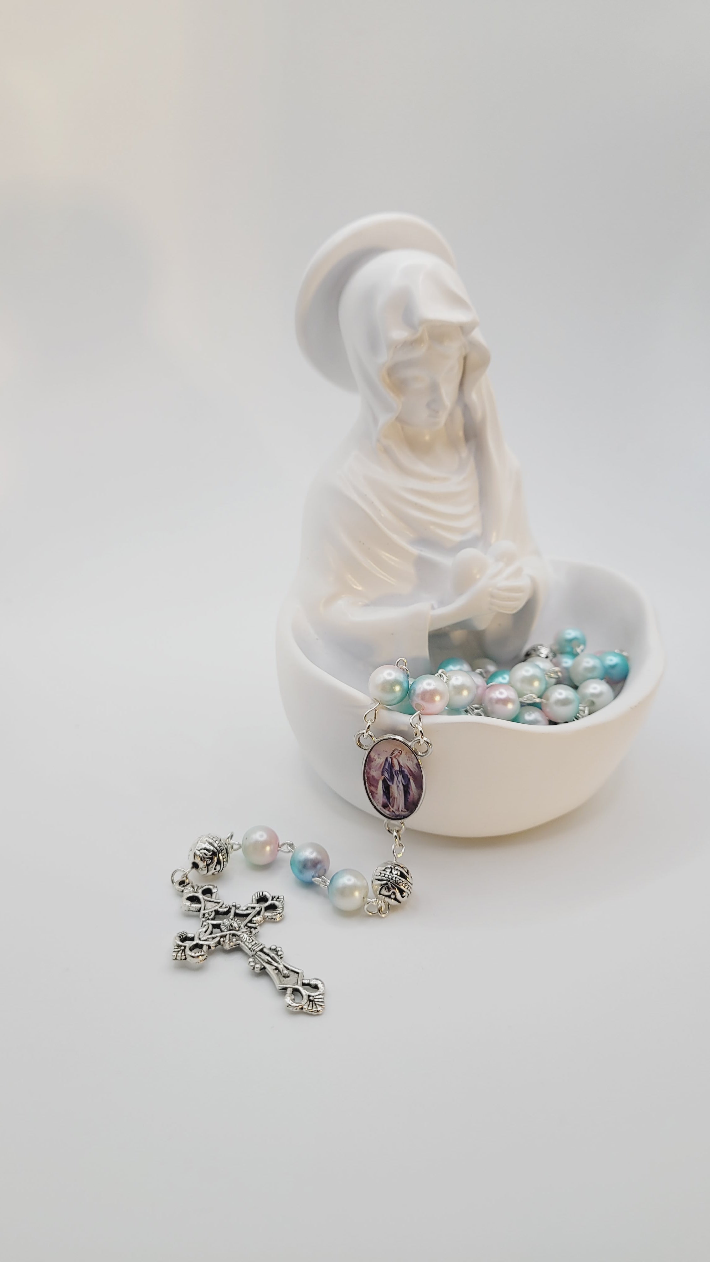 Pastel Faux Pearl Rosary with Our Lady of Grace Centerpiece