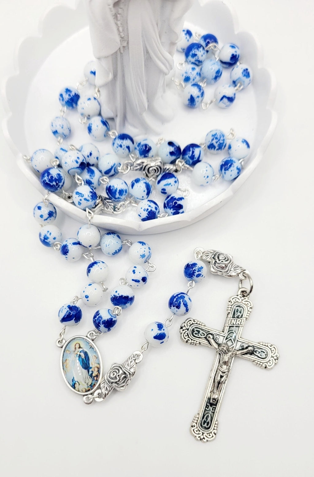 Assumption of Mary Heirloom Rosary • Cobalt Blue & White Marble Glass Beads