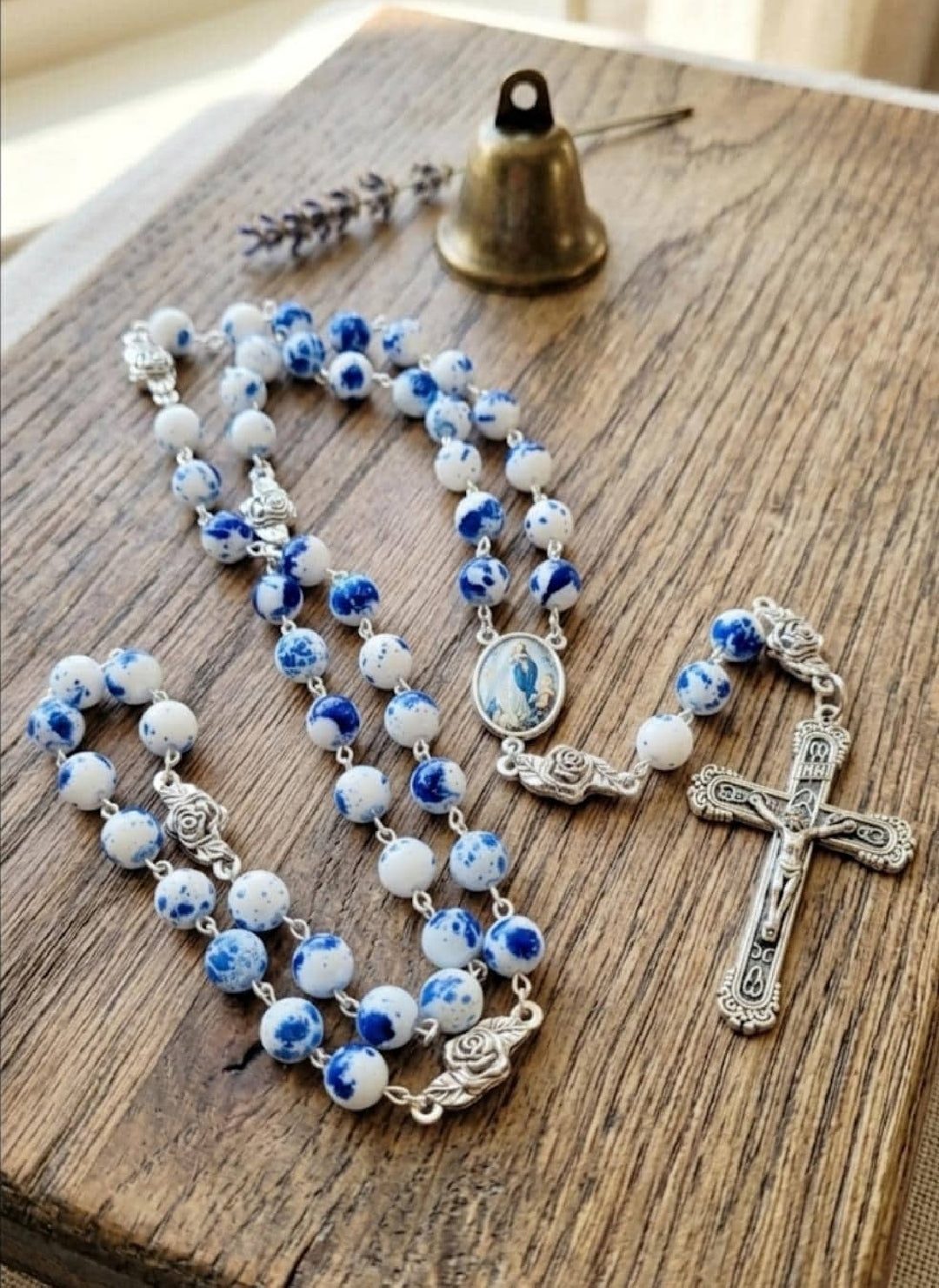 Assumption of Mary Heirloom Rosary • Cobalt Blue & White Marble Glass Beads