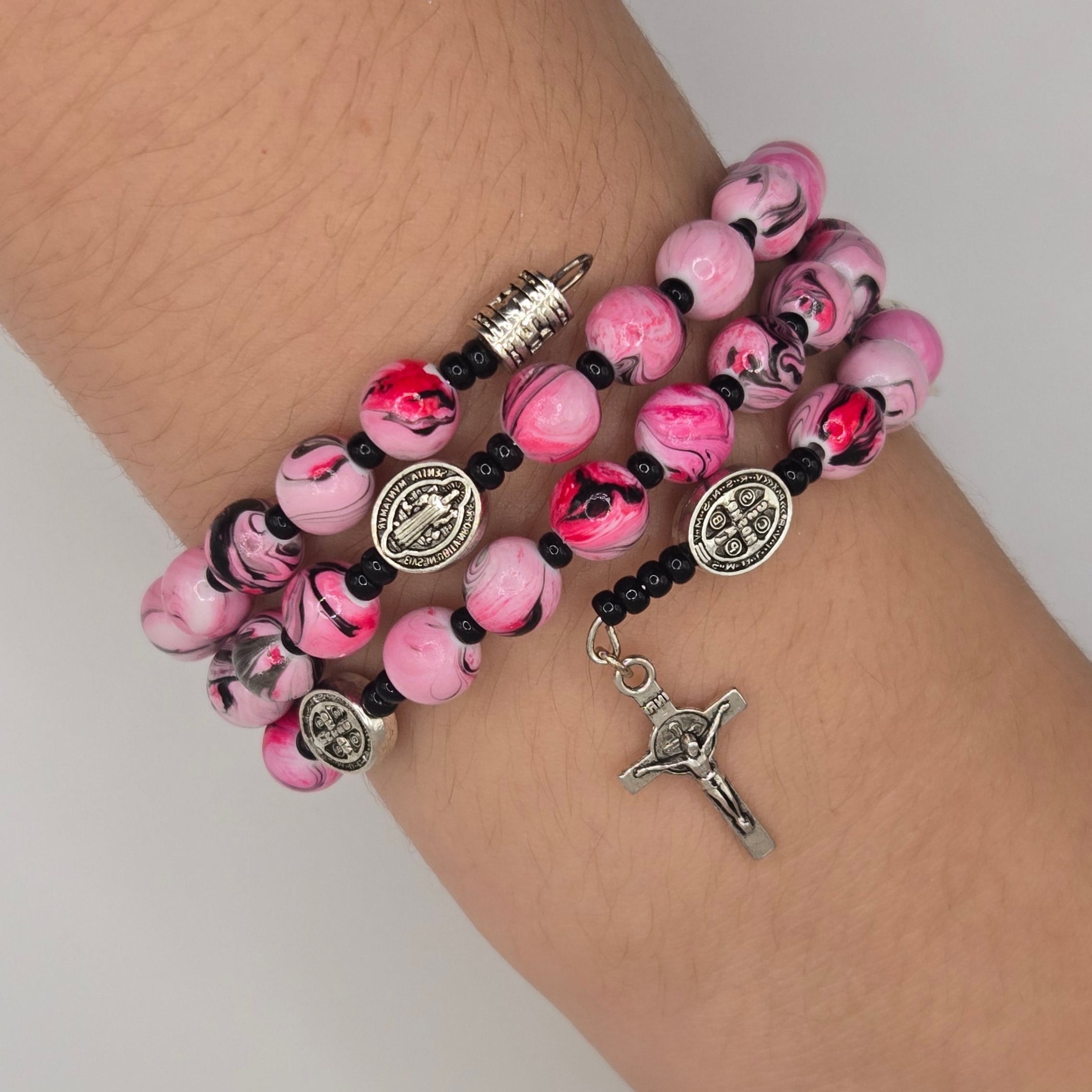 Pink & Black Handcrafted Miraculous Metal Rosary Bracelet