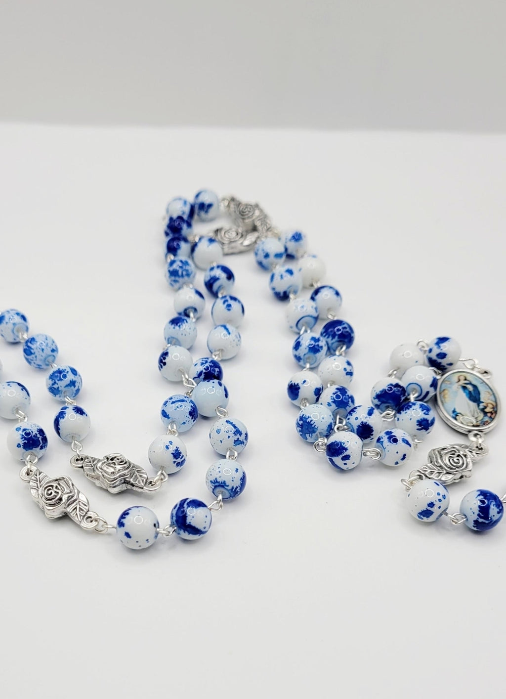 Assumption of Mary Heirloom Rosary • Cobalt Blue & White Marble Glass Beads