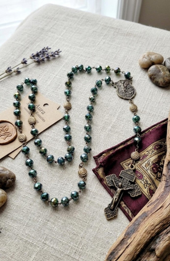 St. Michael Rosary – Forest Green Faceted Glass Beads, Antique Bronze Finish