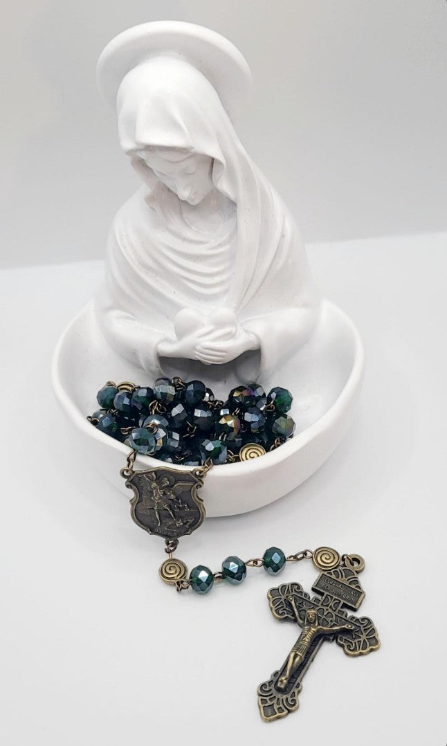 St. Michael Rosary – Forest Green Faceted Glass Beads, Antique Bronze Finish