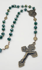 St. Michael Rosary – Forest Green Faceted Glass Beads, Antique Bronze Finish