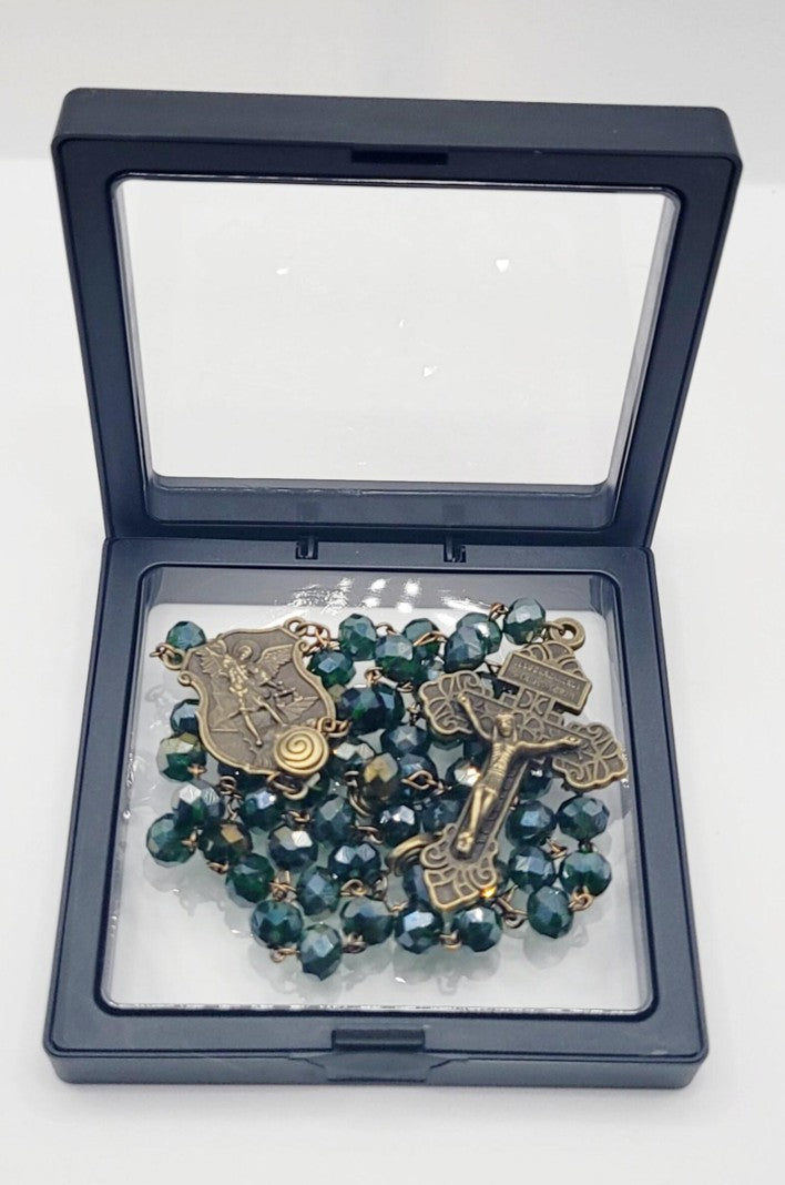 St. Michael Rosary – Forest Green Faceted Glass Beads, Antique Bronze Finish