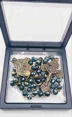 St. Michael Rosary – Forest Green Faceted Glass Beads, Antique Bronze Finish
