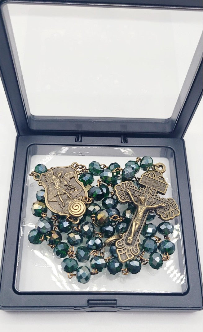 St. Michael Rosary – Forest Green Faceted Glass Beads, Antique Bronze Finish