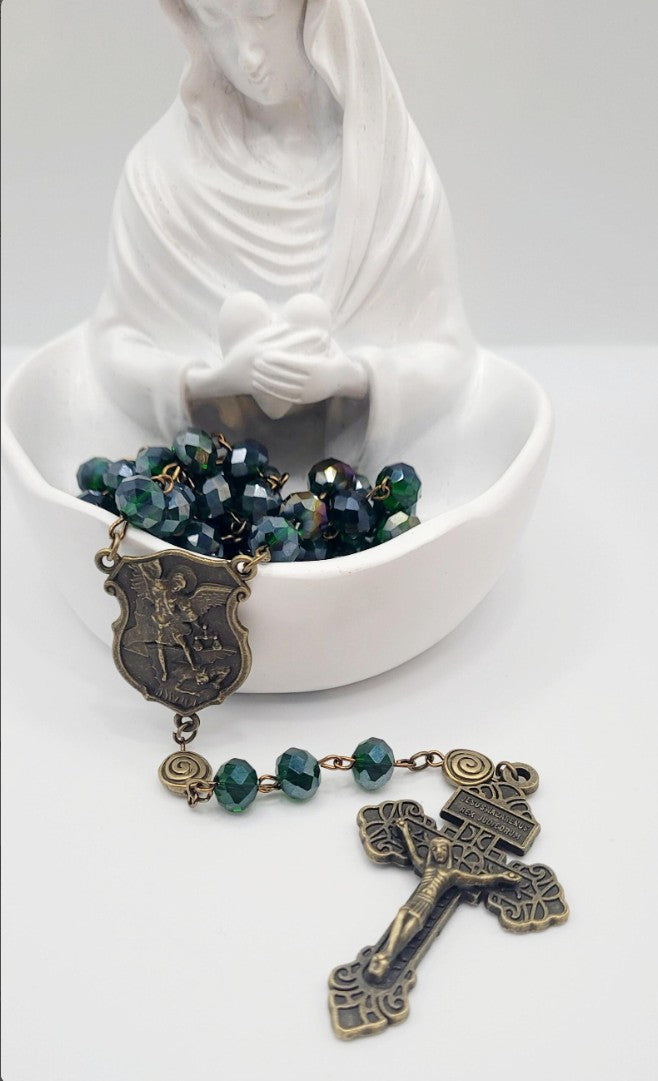 St. Michael Rosary – Forest Green Faceted Glass Beads, Antique Bronze Finish