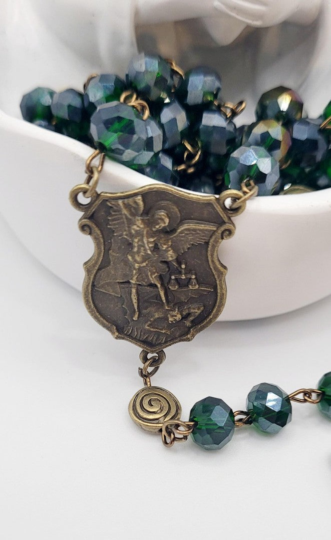 St. Michael Rosary – Forest Green Faceted Glass Beads, Antique Bronze Finish