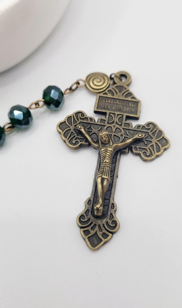 St. Michael Rosary – Forest Green Faceted Glass Beads, Antique Bronze Finish