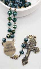 St. Michael Rosary – Forest Green Faceted Glass Beads, Antique Bronze Finish