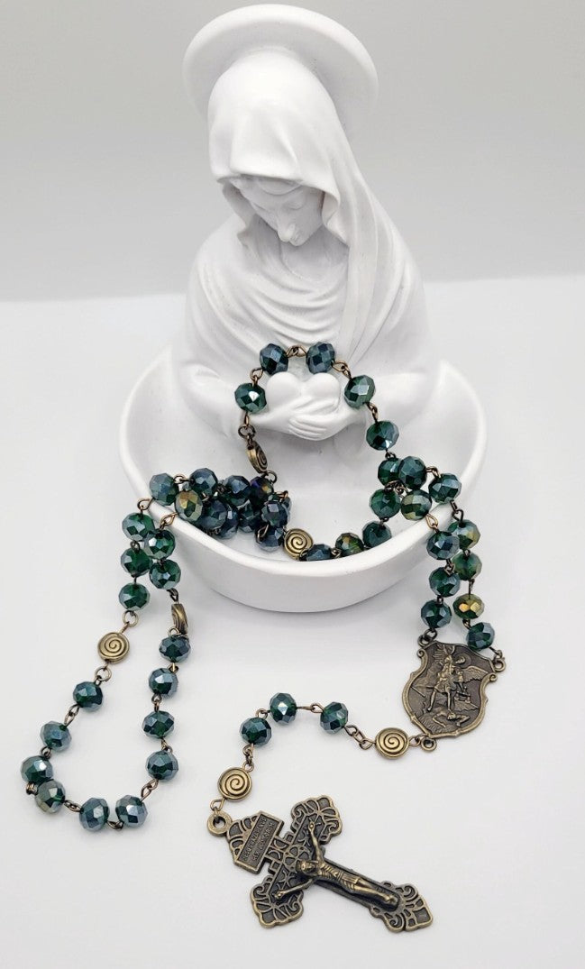 St. Michael Rosary – Forest Green Faceted Glass Beads, Antique Bronze Finish