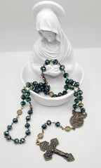 St. Michael Rosary – Forest Green Faceted Glass Beads, Antique Bronze Finish