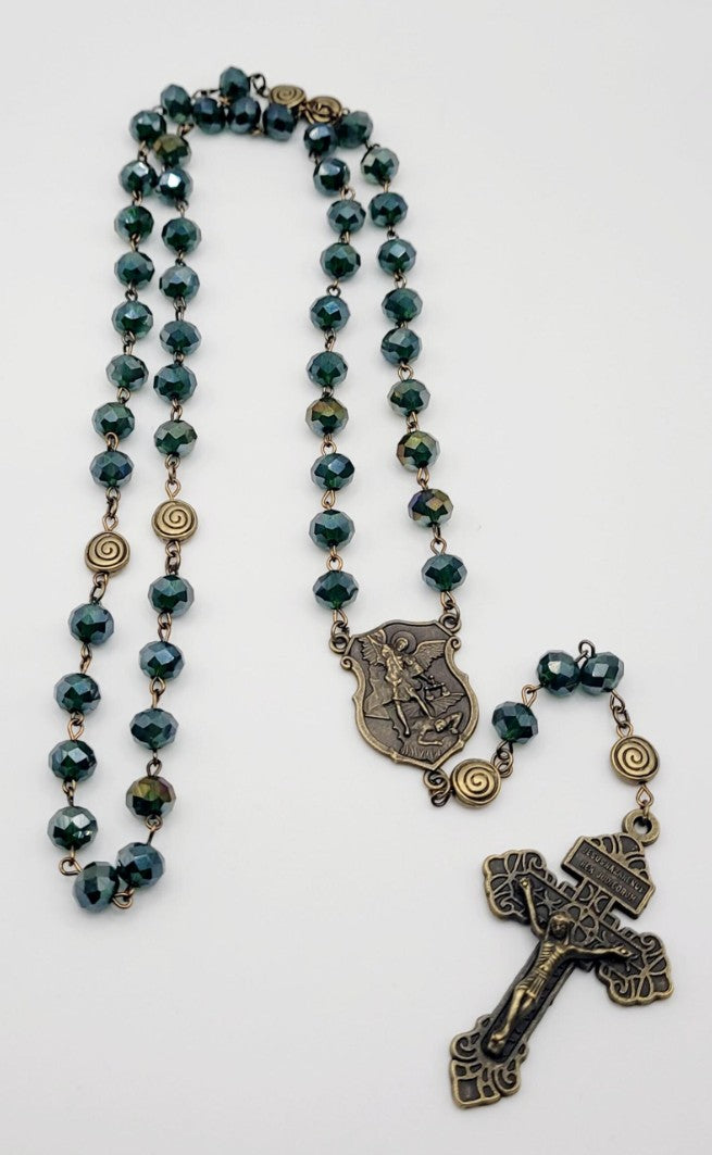 St. Michael Rosary – Forest Green Faceted Glass Beads, Antique Bronze Finish