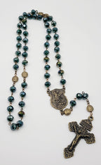 St. Michael Rosary – Forest Green Faceted Glass Beads, Antique Bronze Finish