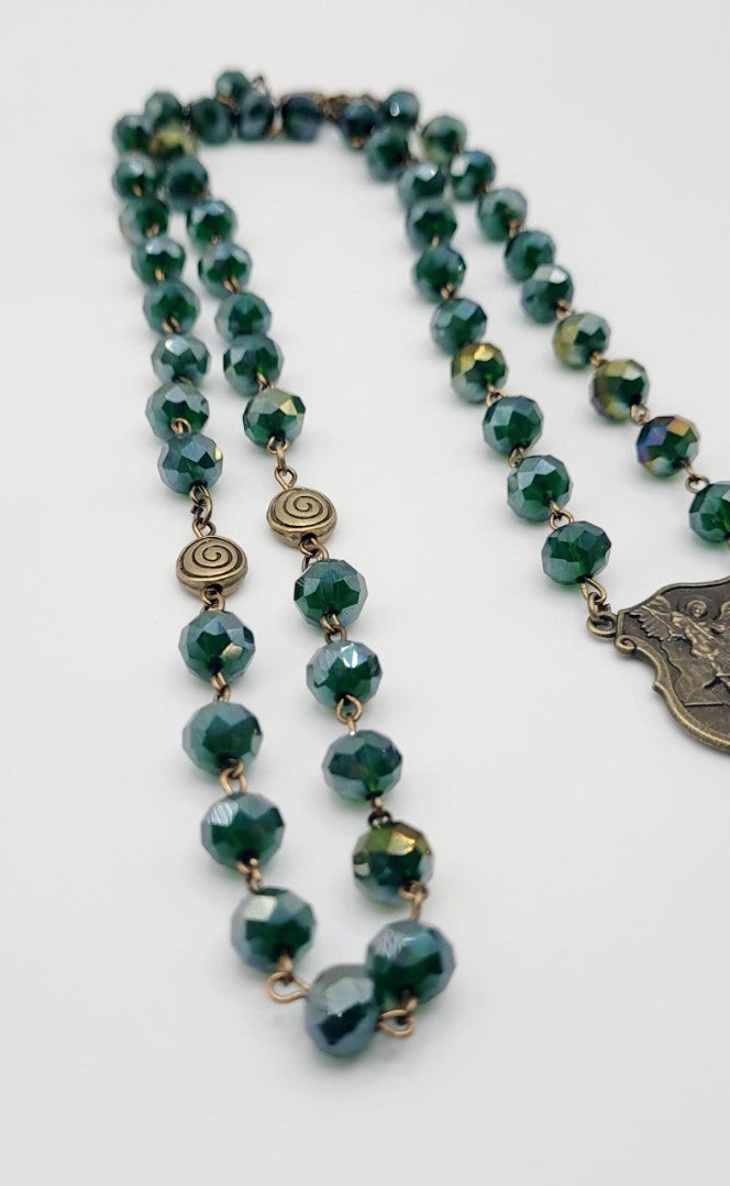 St. Michael Rosary – Forest Green Faceted Glass Beads, Antique Bronze Finish
