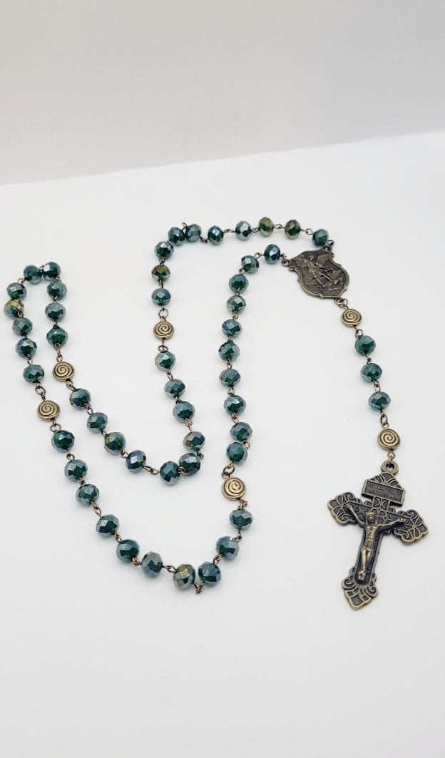 St. Michael Rosary – Forest Green Faceted Glass Beads, Antique Bronze Finish